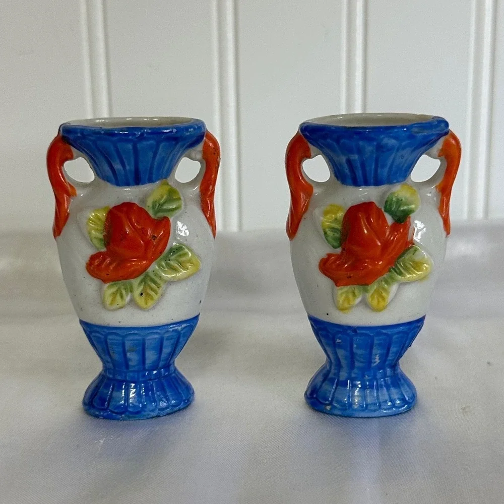 Unbranded Miniature Bud Vase Set Blue White‎ Excellent Hand Painted Rose Japan
